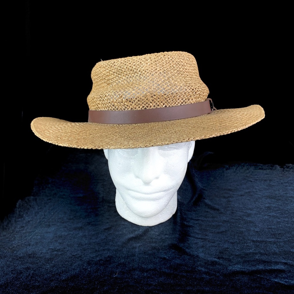Cali Fame Straw Hat OS Unisex Brown Leather Headband Wide Brim Excellent